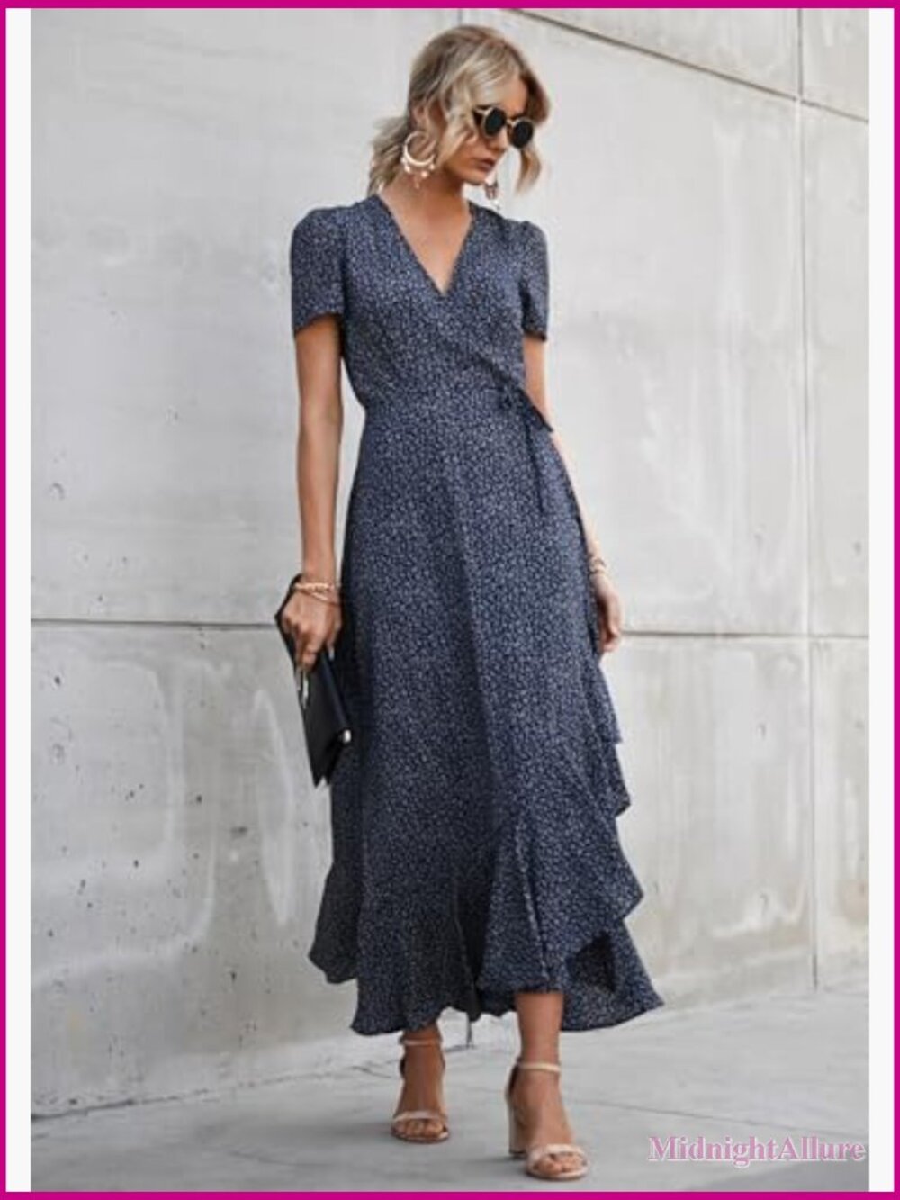 Boho Floral Wrap V Neck Maxi Dress Short Sleeve Flowy Beach Vacation - Picture 4 of 7